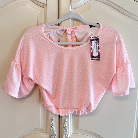 ⭐️ NWT Boohoo Petite Polka Dot Open Back Tie Detail Top - Picture 5 of 16